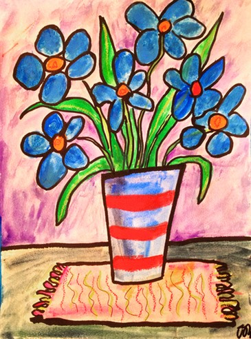blue flowers in stripey vase sm