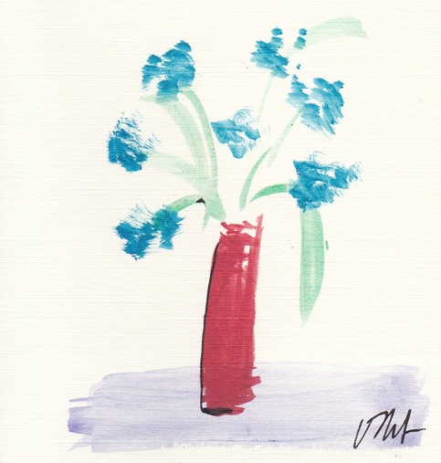 blue flowers red vase